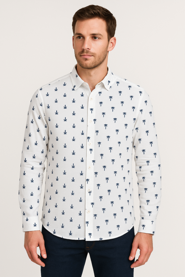Košulja - Puro Lino bela sa sitnim plavim palmama
