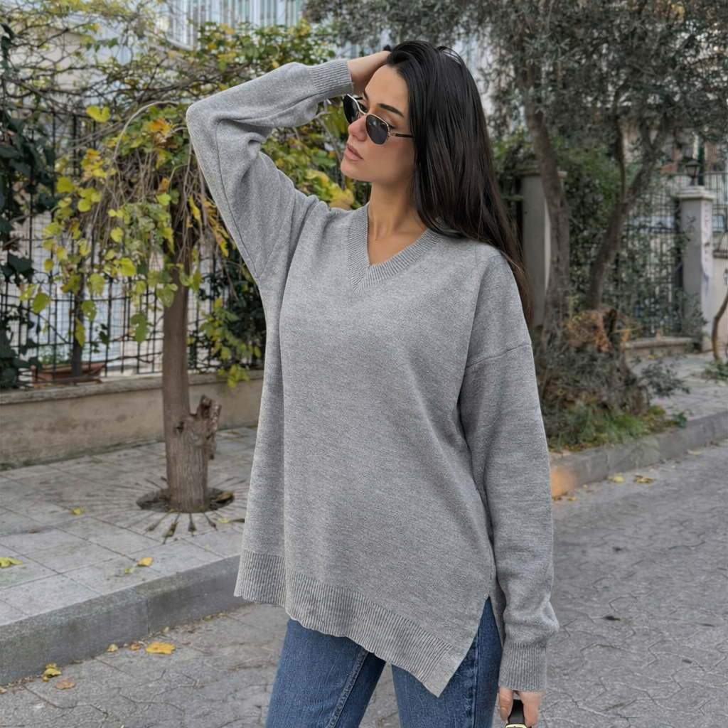 Džemper - Natural Love svetlo sivi sa V izrezom