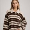 Džemper - Natural Love prugasti sa kragnom - braon/bež
