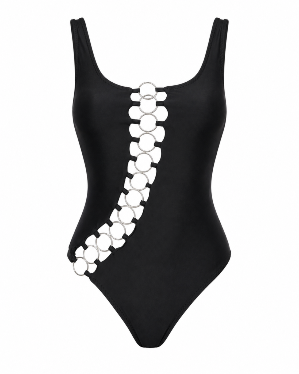 1836_1990_88%poliester 12%spandex_ 40,46 (2) Ženski jednodelni kupaći kostim – crni sa metalnim prstenovima